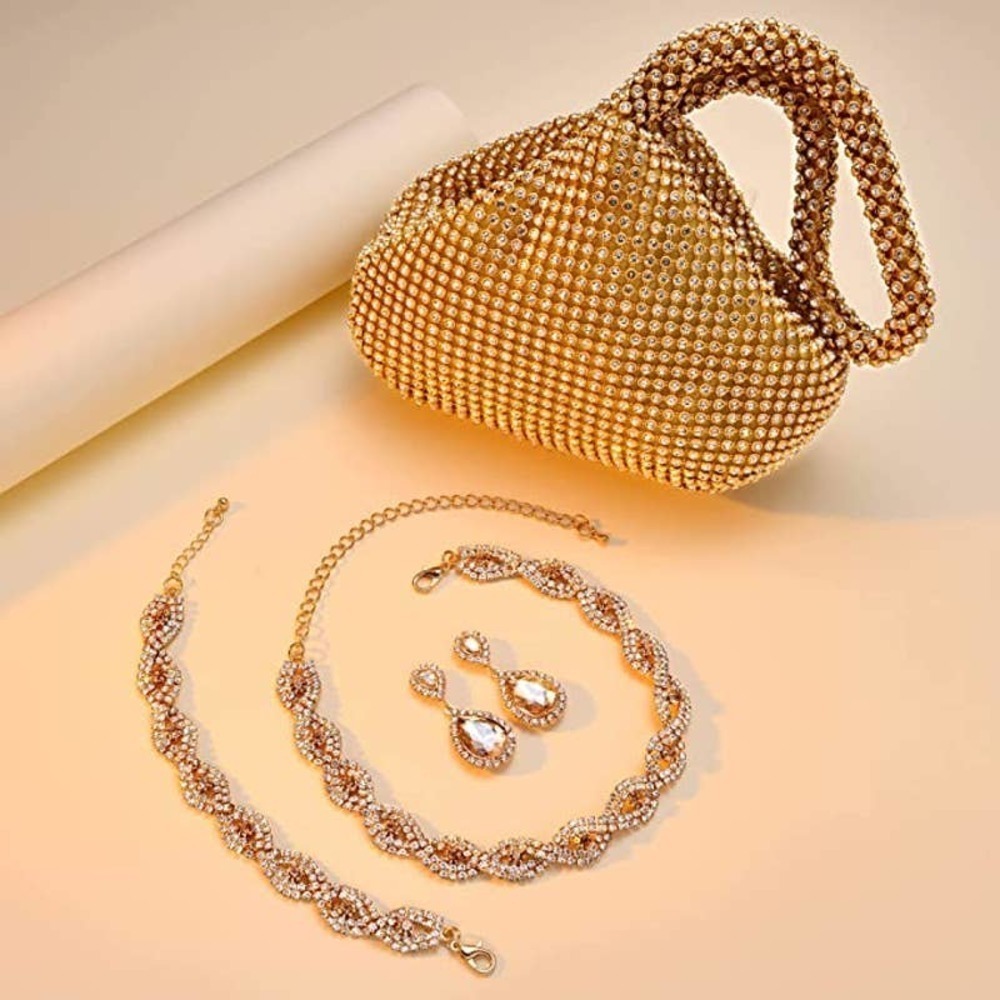Gold & Crystal Necklace Set Cubic Rhinestone Necklace Bracelet Earrings Handbag